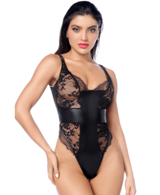 Body sexy noir dentelle & similicuir 